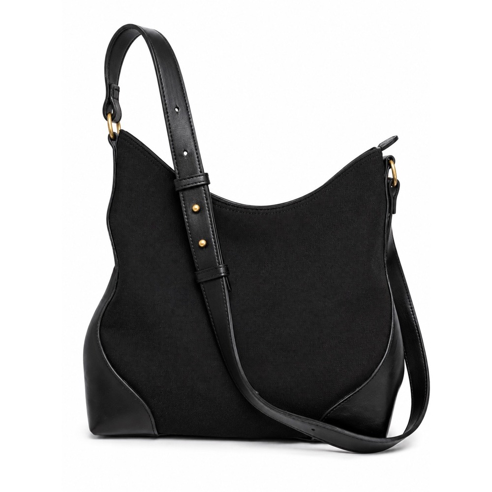 Crazy Horse Liz Claiborne Black Canvas Faux Leather Hobo Shoulder Bag Vintage
